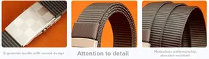 Detailed close-up of nylon belt with checkerboard matte metal buckle and ergonomic design