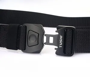 Close-up of matte black zinc alloy quick-release buckle and tactical nylon webbing