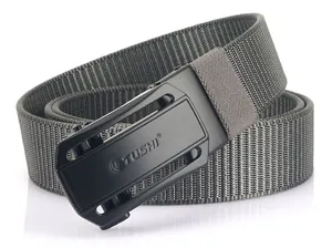 Close-up of grey nylon tactical belt with black matte automatic buckle and woven texture