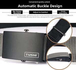 Close-up of adjustable automatic buckle on thick nylon belt with matte metal finish