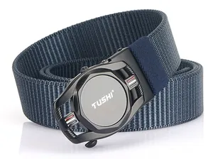 Close-up of a navy blue woven nylon belt with a black metal TUSHI automatic buckle