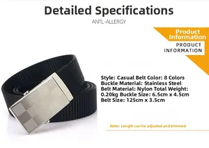 Detail of nylon belt with stainless steel buckle showing 125x3.5cm size and 8 color options
