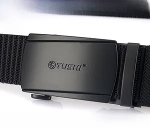 Detail of matte black zinc alloy automatic buckle with textured nylon tactical belt