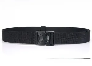Close-up of tactical nylon belt featuring metal quick-release buckle and woven texture