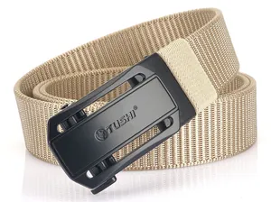 Close-up of khaki nylon tactical belt with a black metal automatic buckle and logo