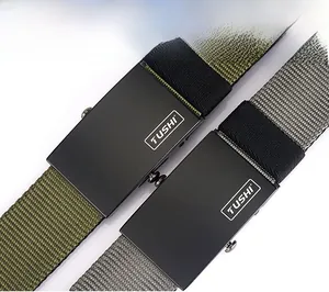 Detail of army green and grey tactical nylon belts with black matte automatic buckles