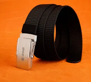 Detail view of the polished stainless steel buckle and breathable black nylon webbing