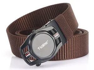 Detail of dark brown nylon woven belt with black matte automatic buckle and circular logo