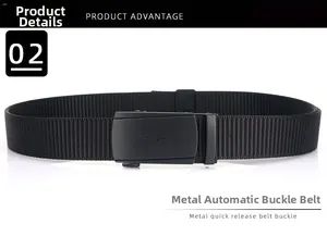 Detail of black tactical nylon belt featuring a quick release matte metal automatic buckle