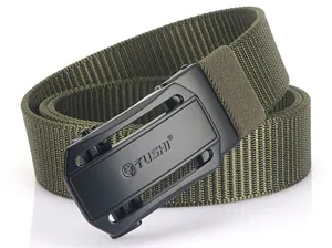 Detail of army green nylon tactical belt with black matte automatic metal buckle