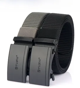 Detailed view of high-density nylon belts in black and grey with matte metal buckles