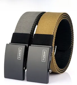 Detail of high-density nylon belts with matte automatic buckles and dual-sided color