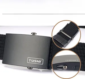Detail of black woven nylon belt with matte automatic buckle and adjustable locking system