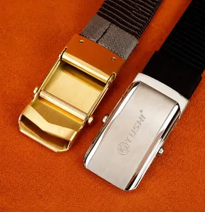 Detail of stainless steel automatic buckles with brushed finish on nylon belts