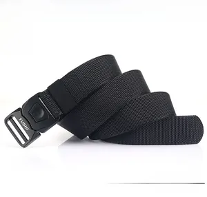 Close-up of thick nylon tactical belt with a quick-release buckle and woven texture