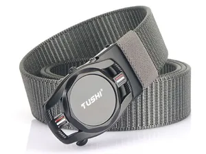 Close-up of tactical black buckle and dark gray nylon weave texture on men belt
