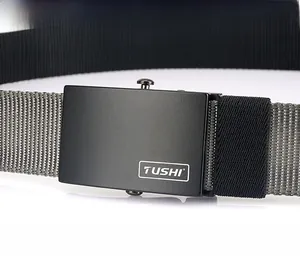 Detail of the matte black zinc alloy automatic buckle and grey nylon woven belt strap