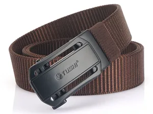 Detail of a brown woven nylon belt with a matte black automatic buckle and lion logo