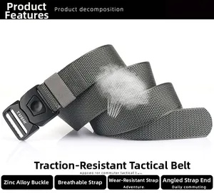 Detailed view of the tactical nylon belt with a black zinc alloy buckle and textured strap