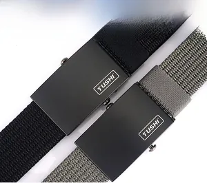 Detail of nylon woven belts in black and dark grey with matte TUSHI metal buckles