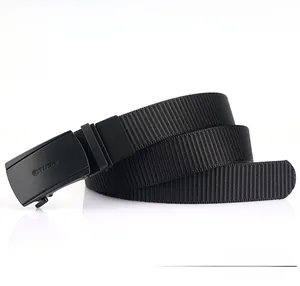 Detail of durable black nylon belt strap with a matte finish automatic buckle closure