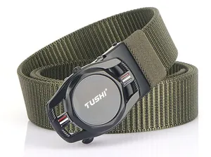 Detail of army green nylon tactical belt with black automatic buckle and brand logo