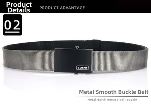 Detailed macro view of the matte black metal buckle and durable nylon woven belt strap