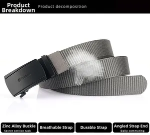 Detail of grey nylon woven belt with black zinc alloy automatic buckle and brand logo