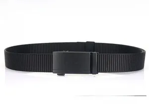 Detail of high-density nylon weave belt with textured metal automatic buckle and logo