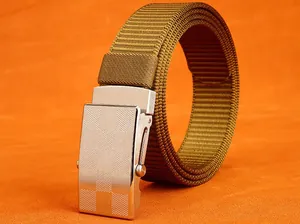Close-up of khaki nylon woven belt featuring a silver brushed metal automatic slide buckle