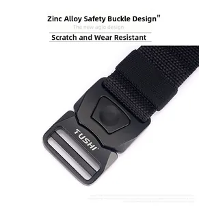 Detail of durable zinc alloy quick release buckle on a black nylon tactical belt