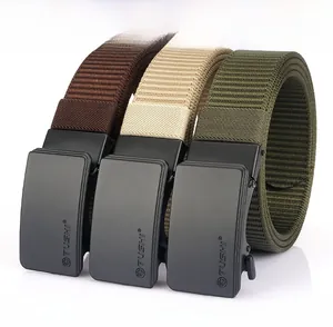 Detail view of durable nylon tactical belts in brown, beige, and army green colors