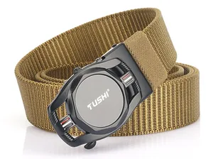 Detailed close-up of khaki nylon woven belt with textured strap and black automatic buckle