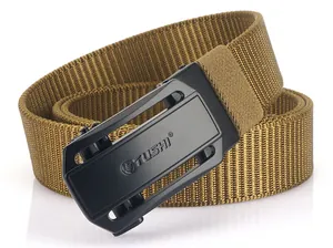 Detailed close-up of brown nylon tactical belt with a black hollow-out metal buckle