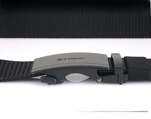 Detail view of adjustable black nylon tactical belt with metallic TUSHI automatic buckle