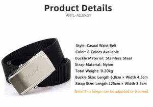 Detail view of 3.5cm nylon web belt with brushed stainless steel buckle dimensions