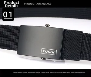 Detail of matte black zinc alloy buckle and durable nylon weave on tactical belt