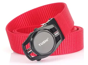 Close-up of red nylon woven belt with black automatic buckle and textured metal finish