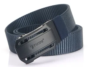 Detail view of deep blue nylon woven tactical belt with matte black automatic buckle