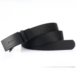 Detail of matte black metal automatic buckle and thick nylon webbing texture on men belt