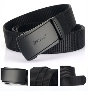 Detail view of durable black nylon tactical belt with high-density weave and metal buckle