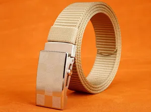 Close-up of khaki nylon woven belt featuring a checkered silver metal automatic buckle