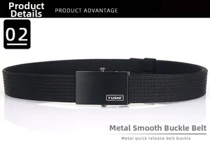 Detail of black nylon woven belt featuring a smooth metal buckle with TUSHI logo