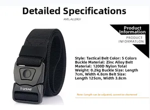 Technical specifications for black tactical nylon belt with zinc alloy quick release buckle