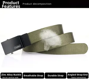 Detail of army green tactical nylon belt with breathable fabric and zinc alloy buckle