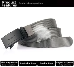 Detail of gray nylon belt with matte black zinc alloy buckle and textured weave
