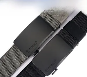 Close-up of TUSHI automatic belt buckle with durable nylon tactical fabric strap