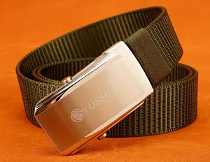 Close-up of brushed metal automatic buckle on army green nylon woven tactical belt