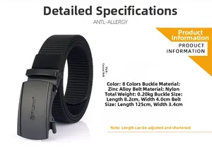 Detailed chart of nylon tactical belt showing zinc alloy buckle dimensions and length