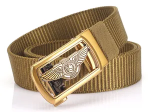 Detailed close-up of military green nylon belt with golden lion head alloy buckle